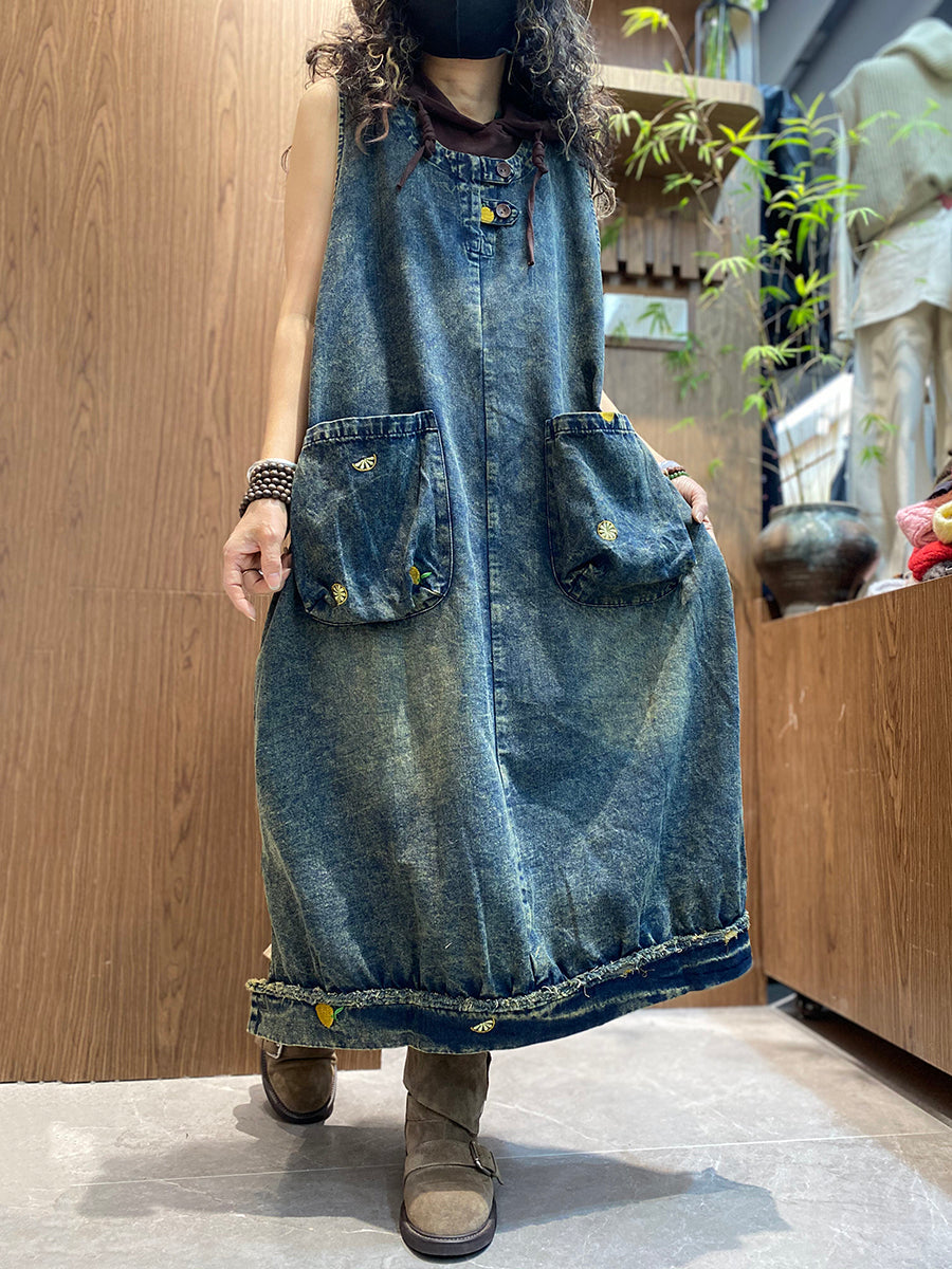 Women Summer Vintage Denim O-Neck Vest Dress
