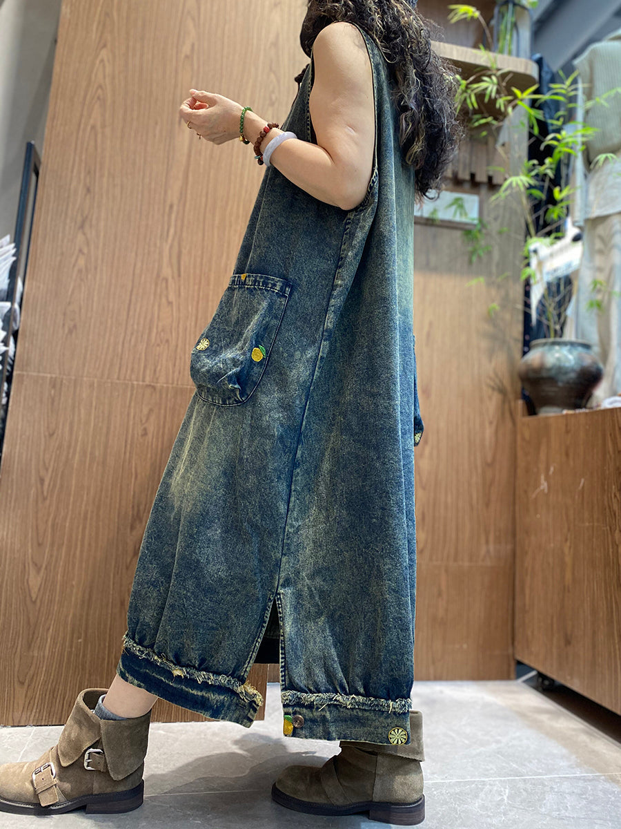 Women Summer Vintage Denim O-Neck Vest Dress
