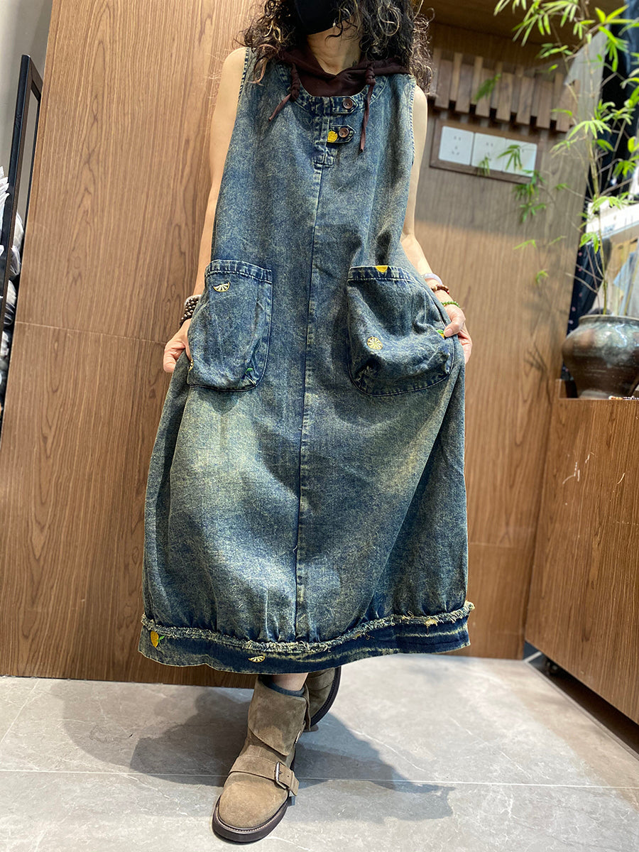 Women Summer Vintage Denim O-Neck Vest Dress