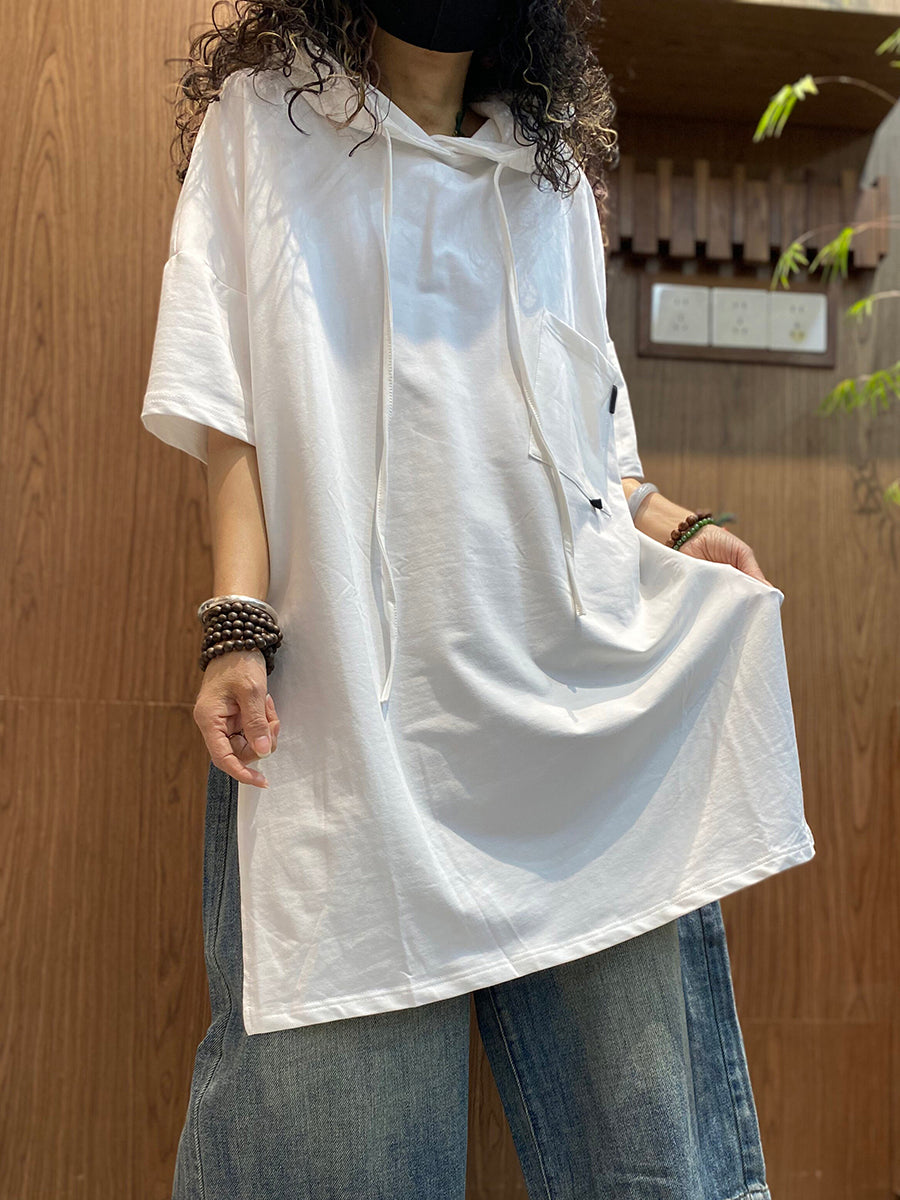 Plus Size Women Summer Casual Pure Color Cotton Hoodie