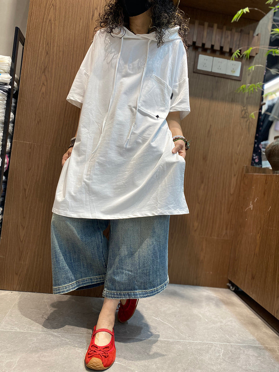 Plus Size Women Summer Casual Pure Color Cotton Hoodie