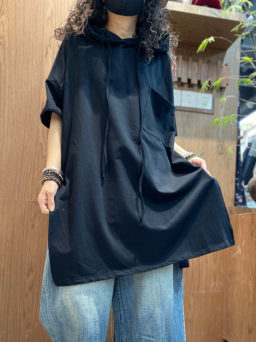 Plus Size Women Summer Casual Pure Color Cotton Hoodie