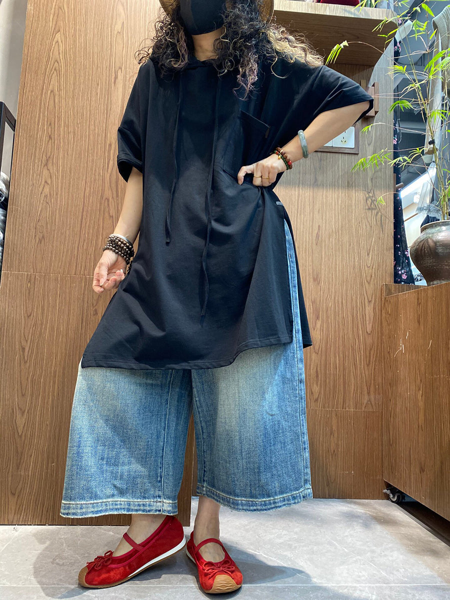 Plus Size Women Summer Casual Pure Color Cotton Hoodie