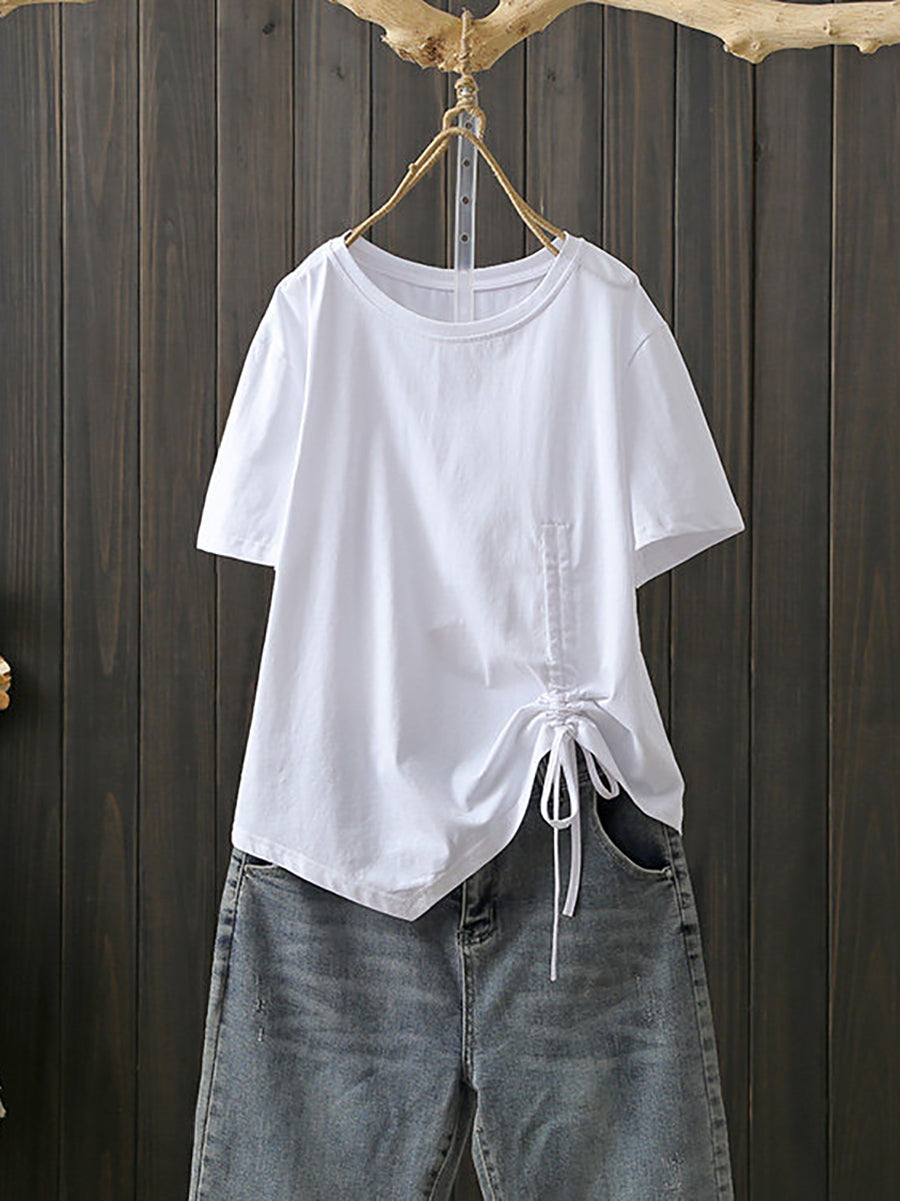 Plus Size Women Summer Artsy Irregular O-Neck Cotton T-Shirt