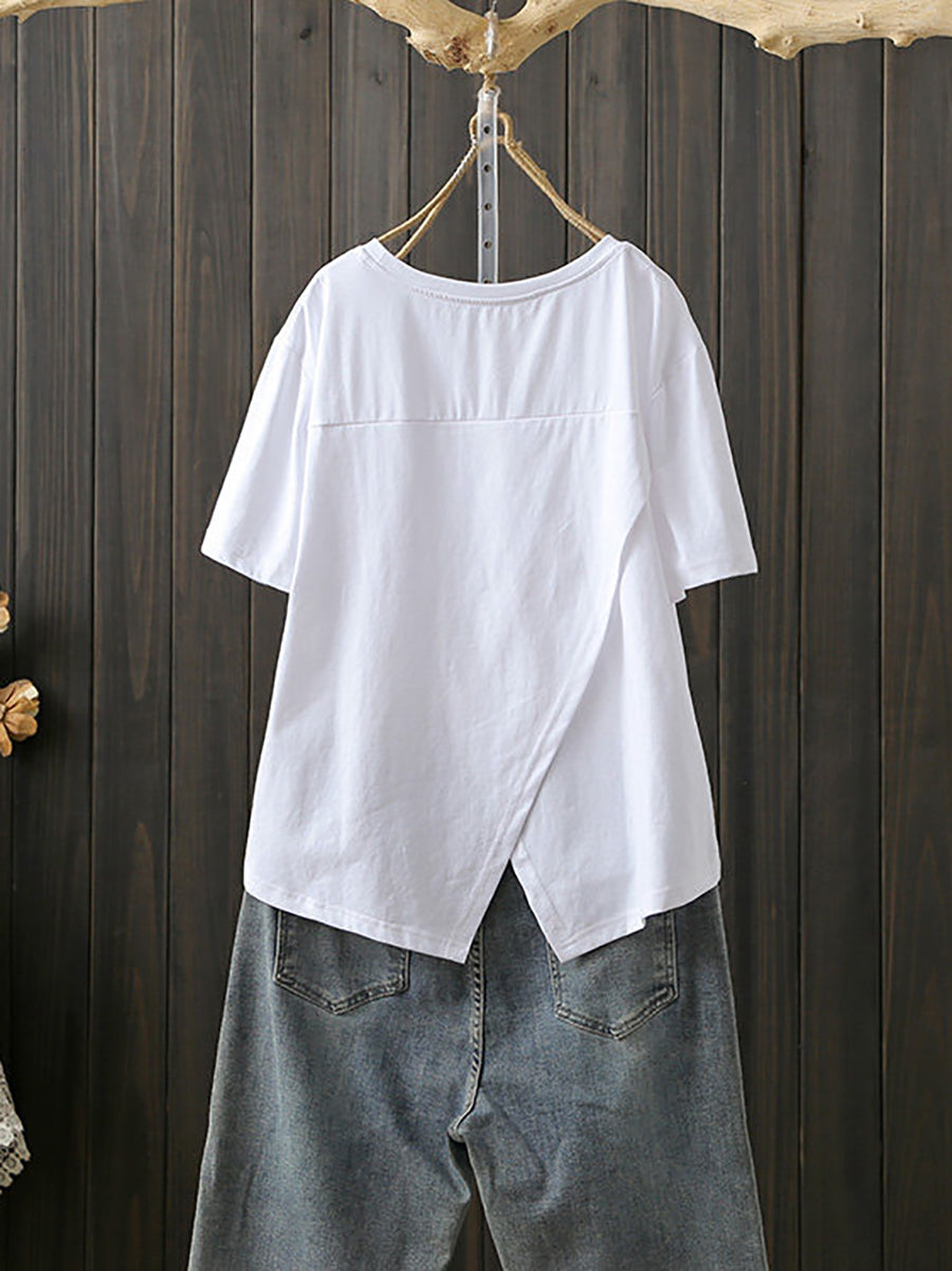 Plus Size Women Summer Artsy Irregular O-Neck Cotton T-Shirt