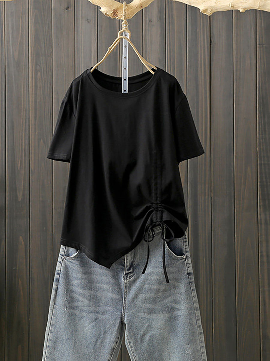 Plus Size Women Summer Artsy Irregular O-Neck Cotton T-Shirt