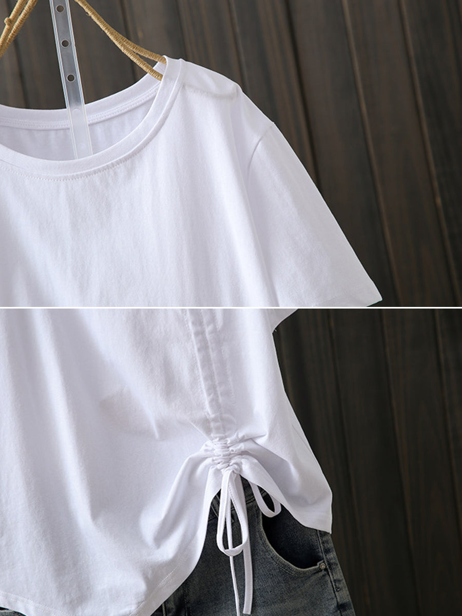 Plus Size Women Summer Artsy Irregular O-Neck Cotton T-Shirt
