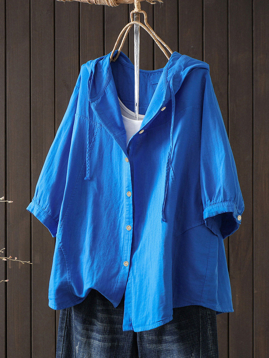 Plus Size Women Summer Artsy Pure Color 100%Cotton Hoodie