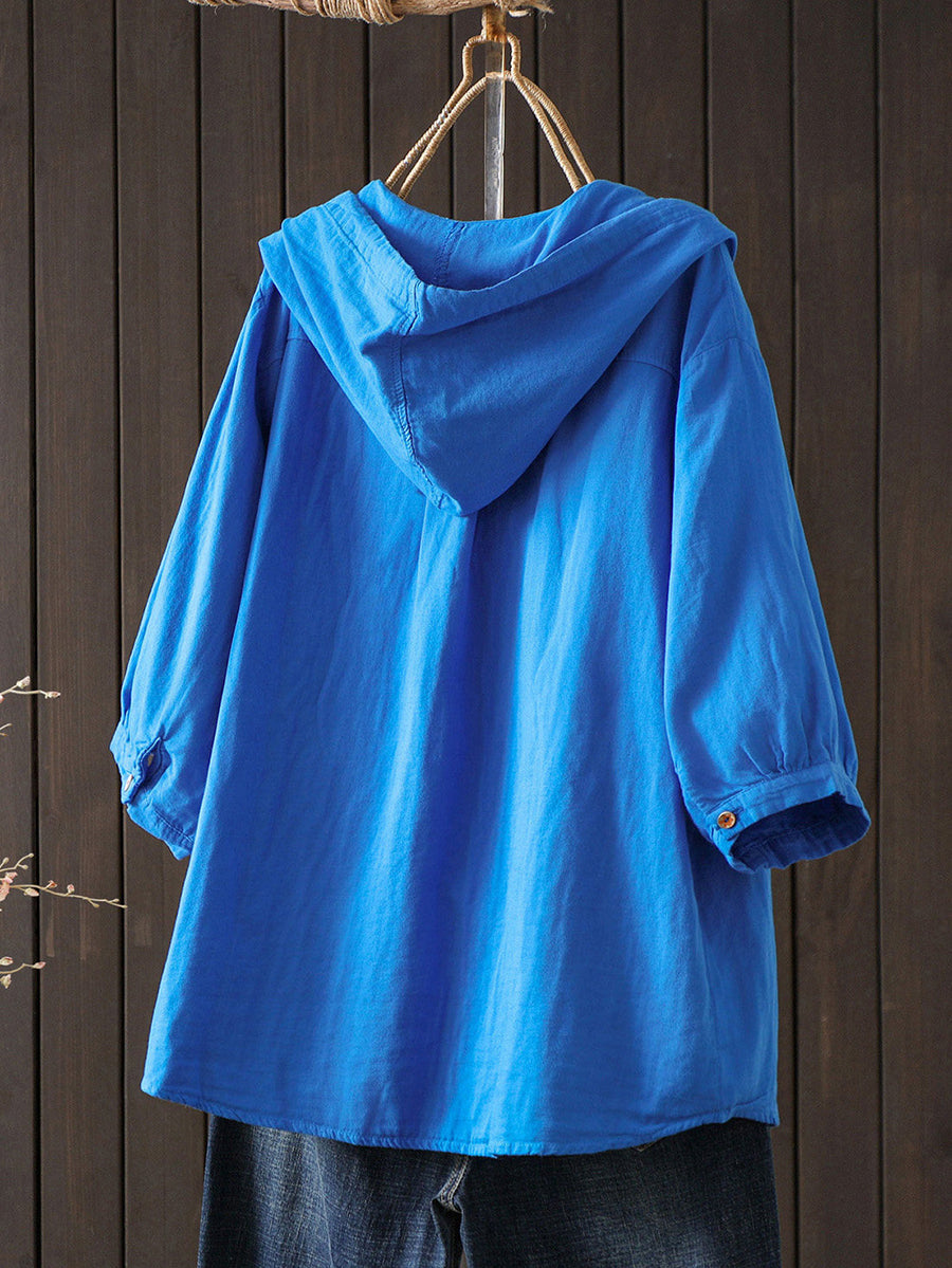 Plus Size Women Summer Artsy Pure Color 100%Cotton Hoodie