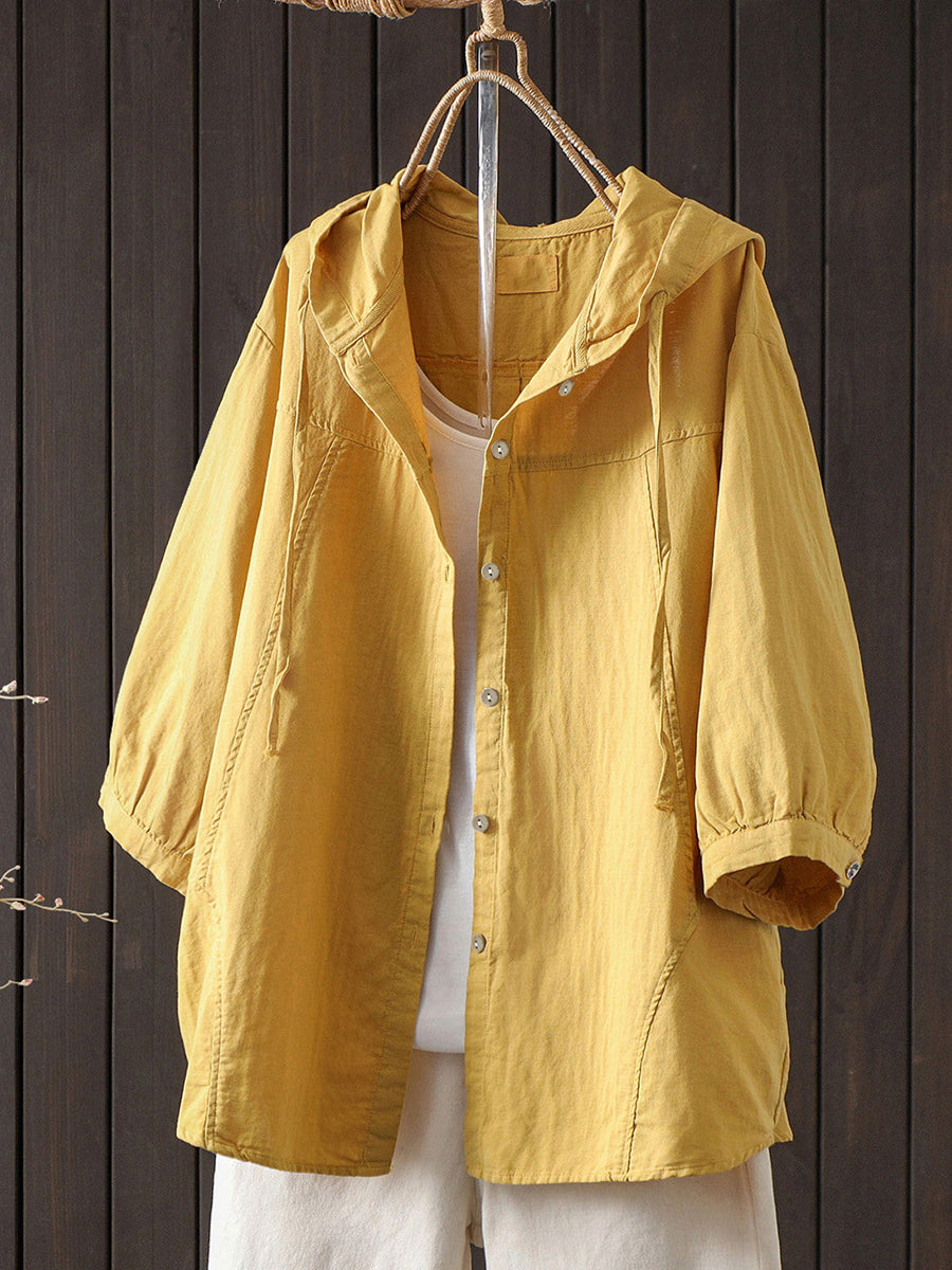 Plus Size Women Summer Artsy Pure Color 100%Cotton Hoodie