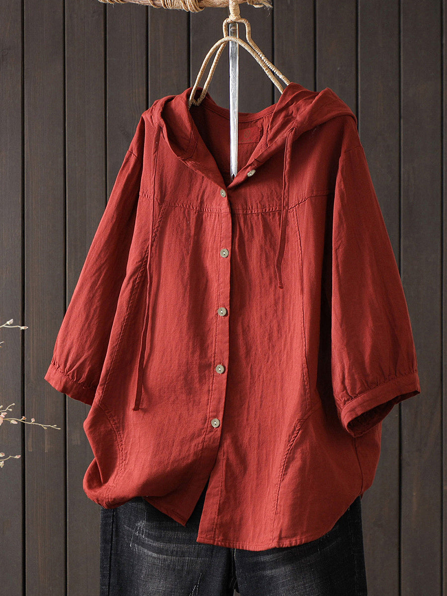 Plus Size Women Summer Artsy Pure Color 100%Cotton Hoodie