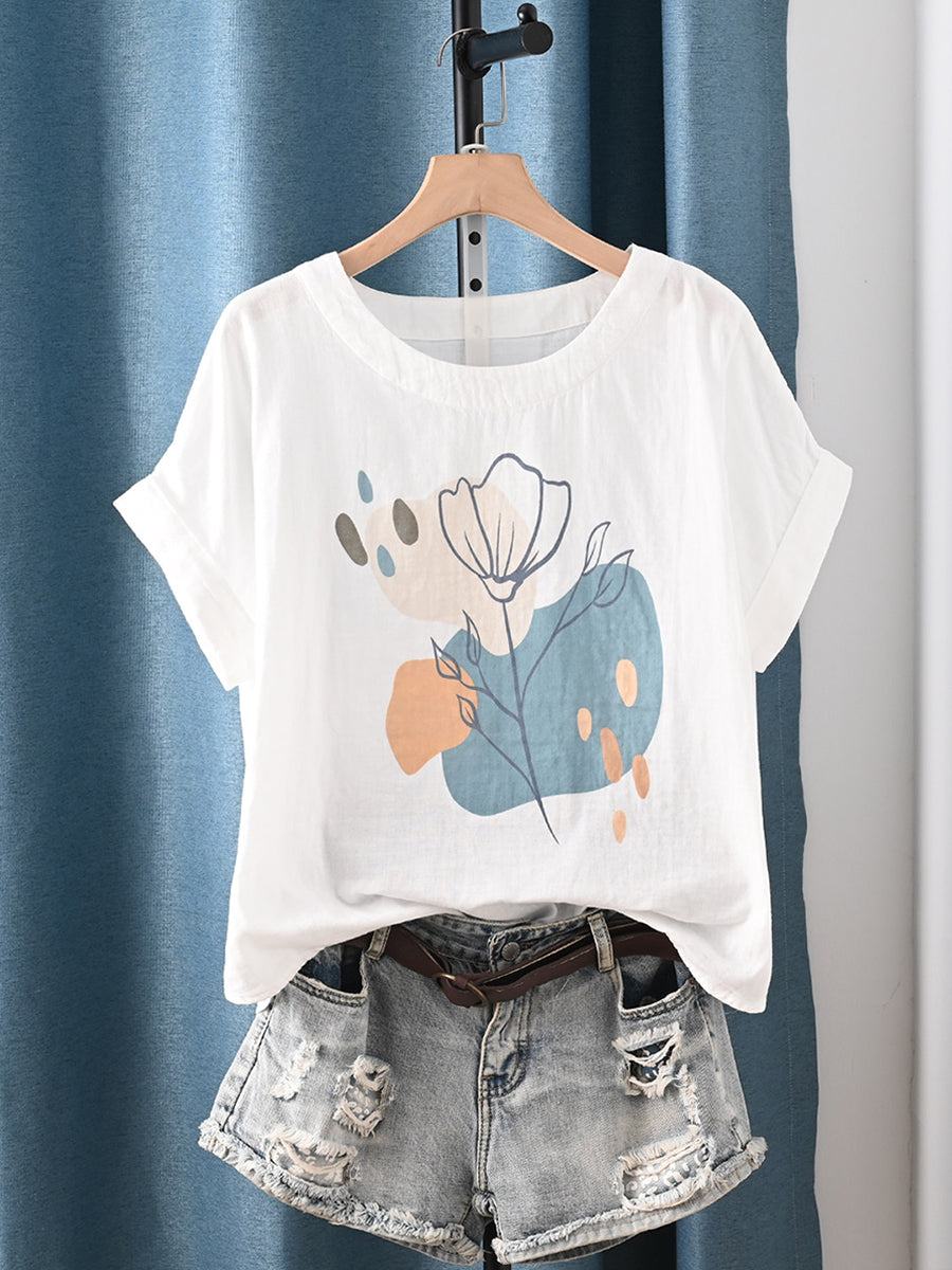 Women Summer Artsy Flower O-Neck 100%Cotton T-Shirt