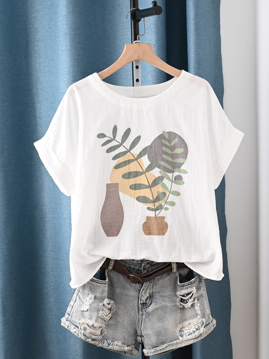 Women Summer Artsy Flower O-Neck 100%Cotton T-Shirt