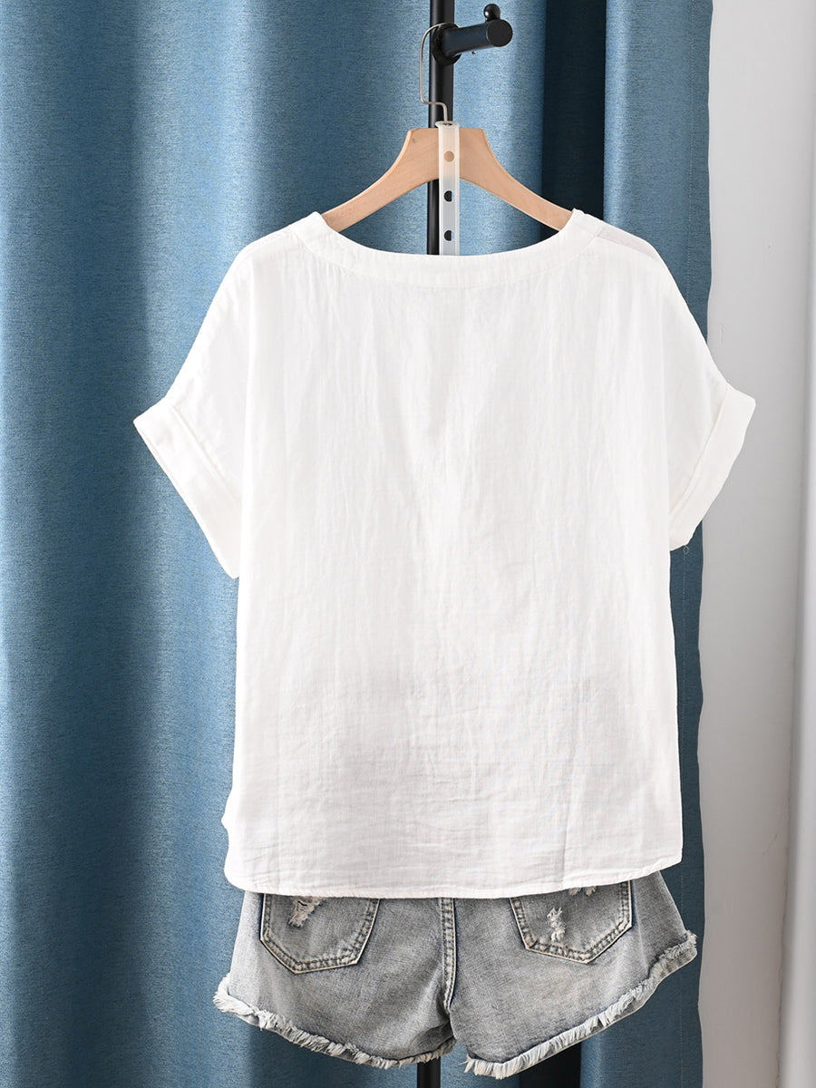 Women Summer Artsy Flower O-Neck 100%Cotton T-Shirt