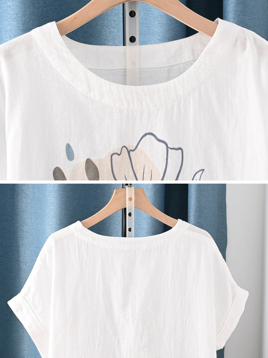Women Summer Artsy Flower O-Neck 100%Cotton T-Shirt