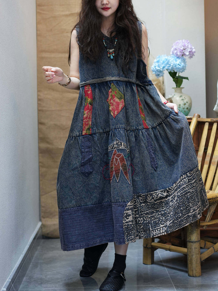 Women Summer Vintage Spliced Denim Vest Dress