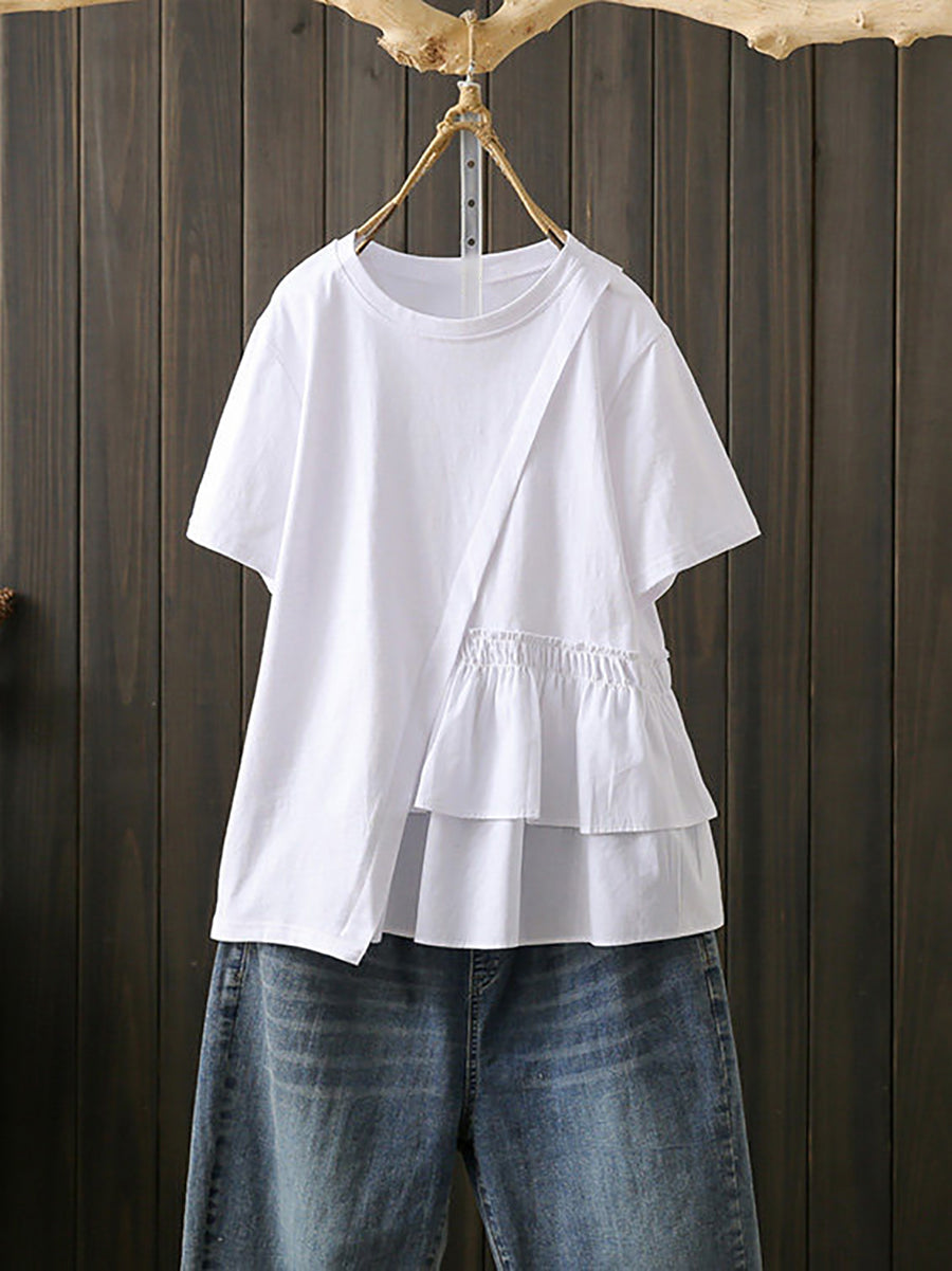 Plus Size Women Summer Artsy Irregular Spliced Cotton T-Shirt