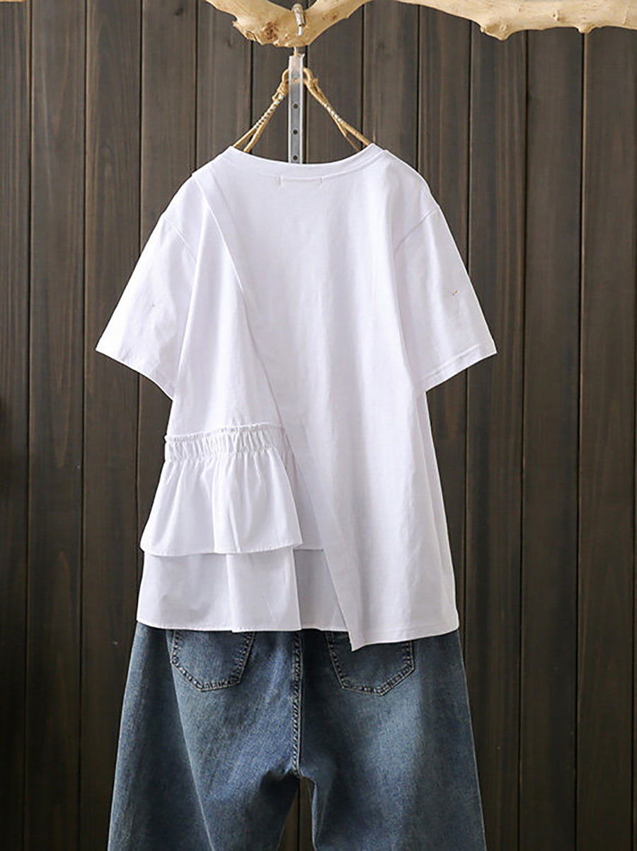 Plus Size Women Summer Artsy Irregular Spliced Cotton T-Shirt