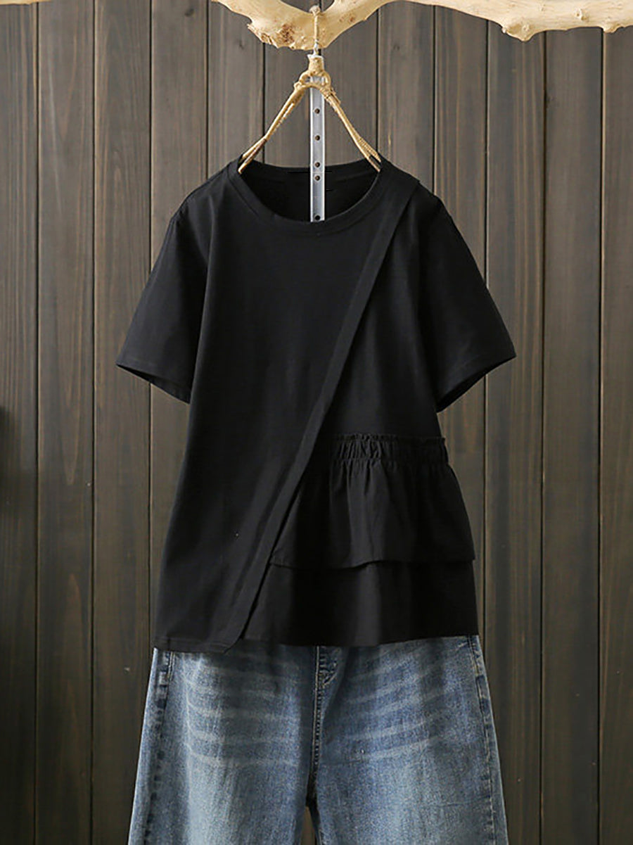 Plus Size Women Summer Artsy Irregular Spliced Cotton T-Shirt