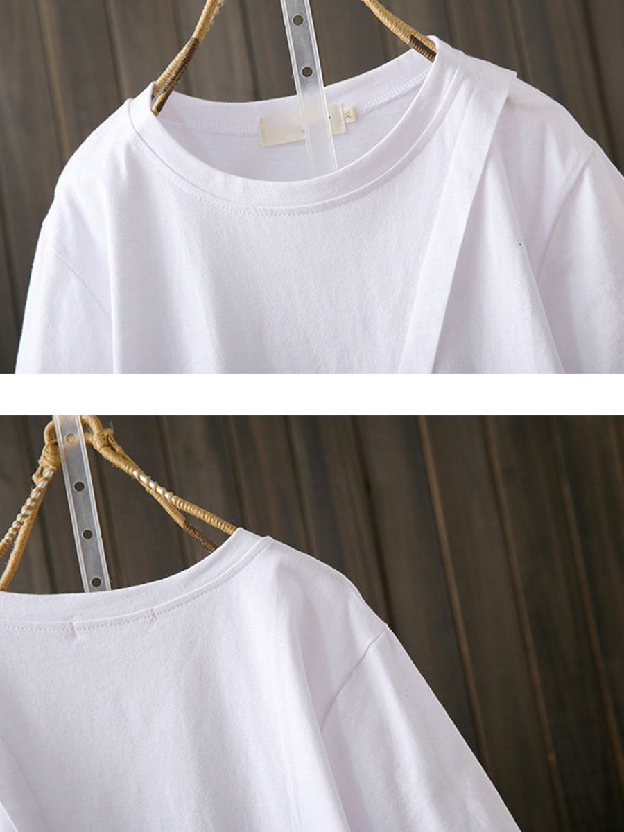 Plus Size Women Summer Artsy Irregular Spliced Cotton T-Shirt