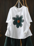 Plus Size Women Summer Artsy Flower Cotton T-Shirt