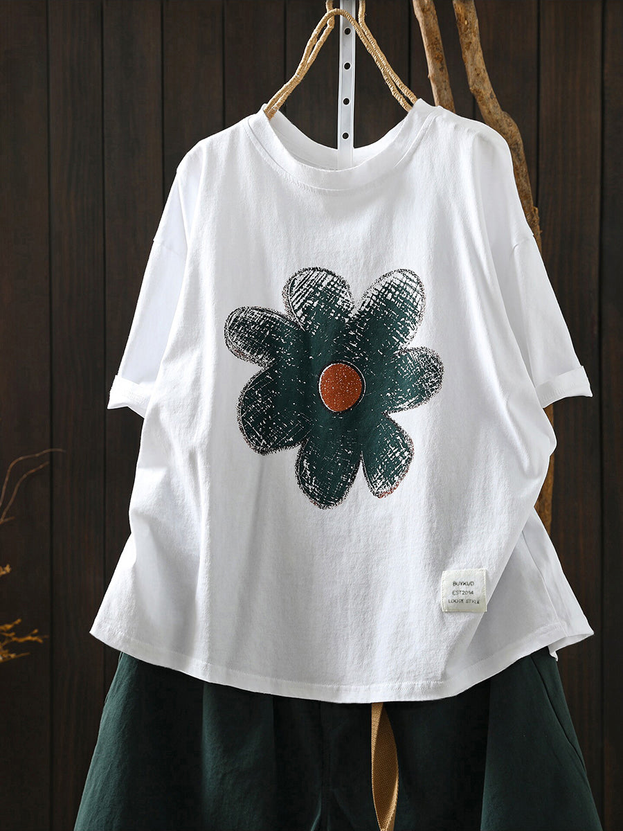 Plus Size Women Summer Artsy Flower Cotton T-Shirt