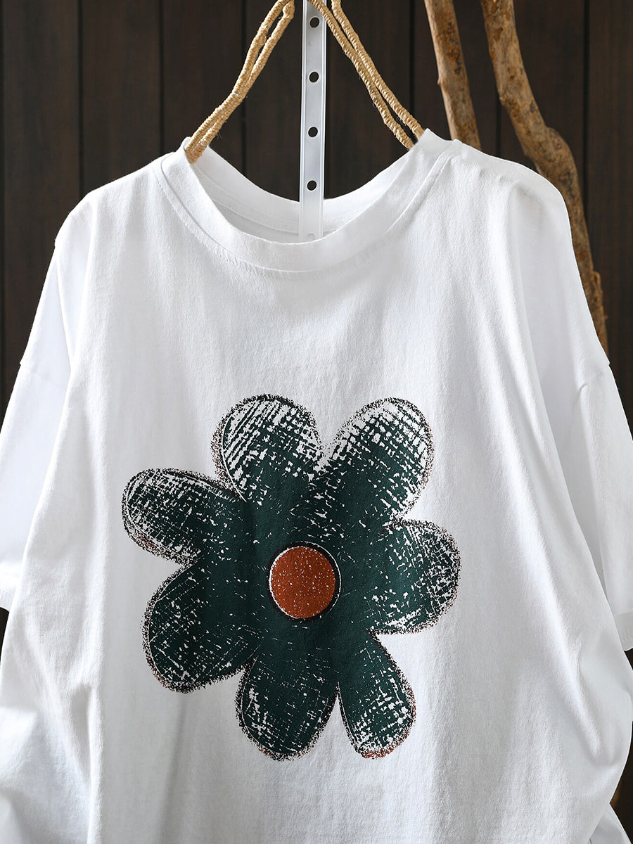 Plus Size Women Summer Artsy Flower Cotton T-Shirt
