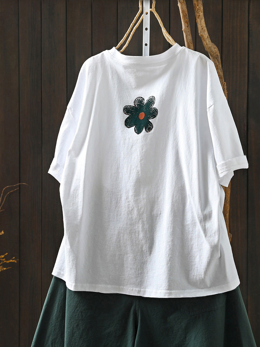Plus Size Women Summer Artsy Flower Cotton T-Shirt