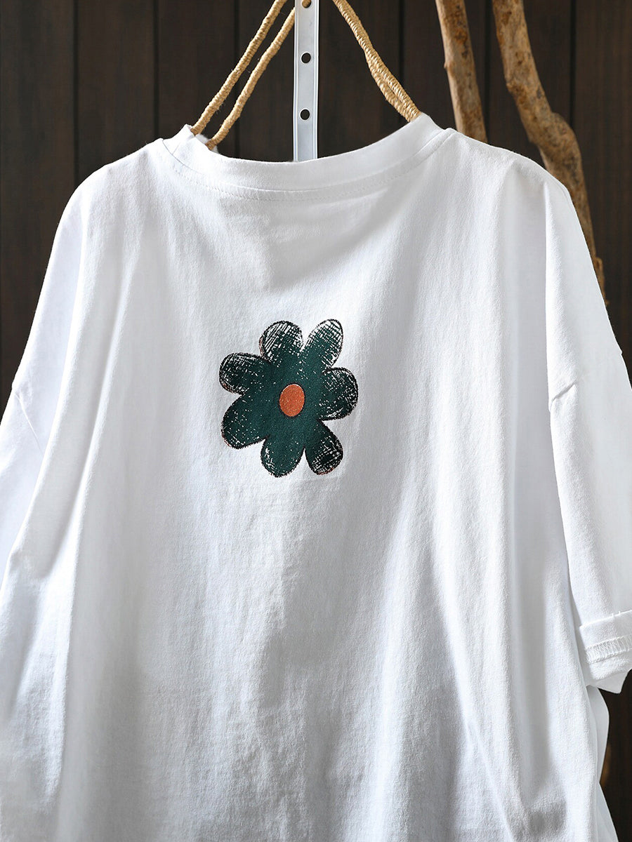 Plus Size Women Summer Artsy Flower Cotton T-Shirt