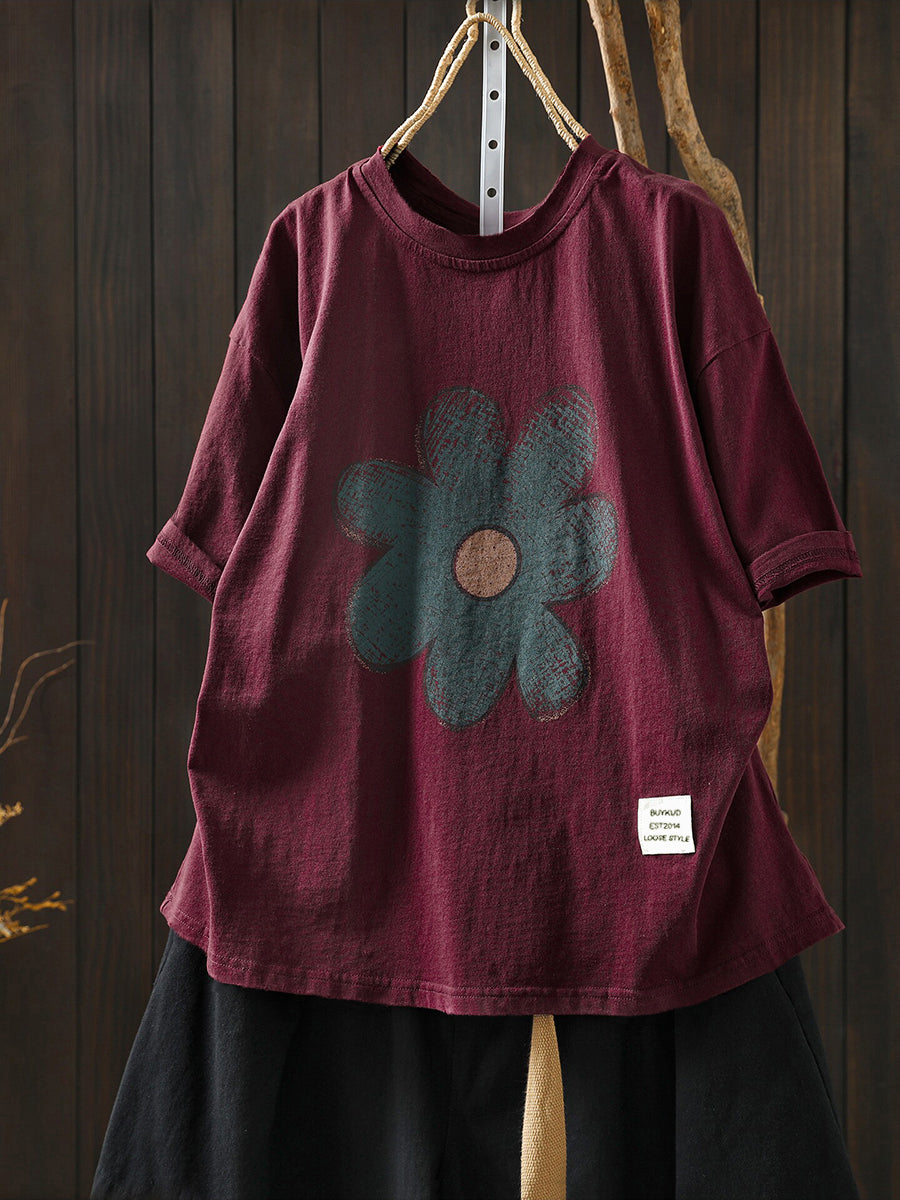 Plus Size Women Summer Artsy Flower Cotton T-Shirt