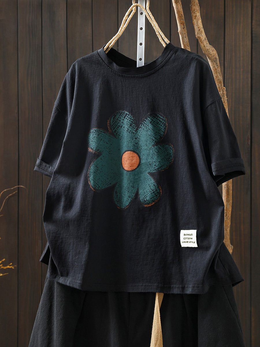 Plus Size Women Summer Artsy Flower Cotton T-Shirt