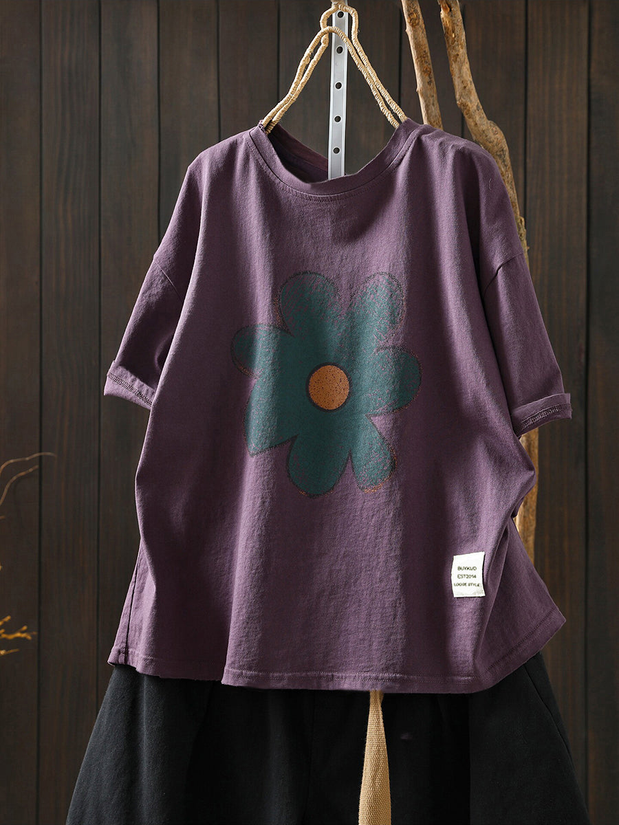 Plus Size Women Summer Artsy Flower Cotton T-Shirt