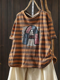 Women Summer Casual Stripe Letters Cotton T-Shirt