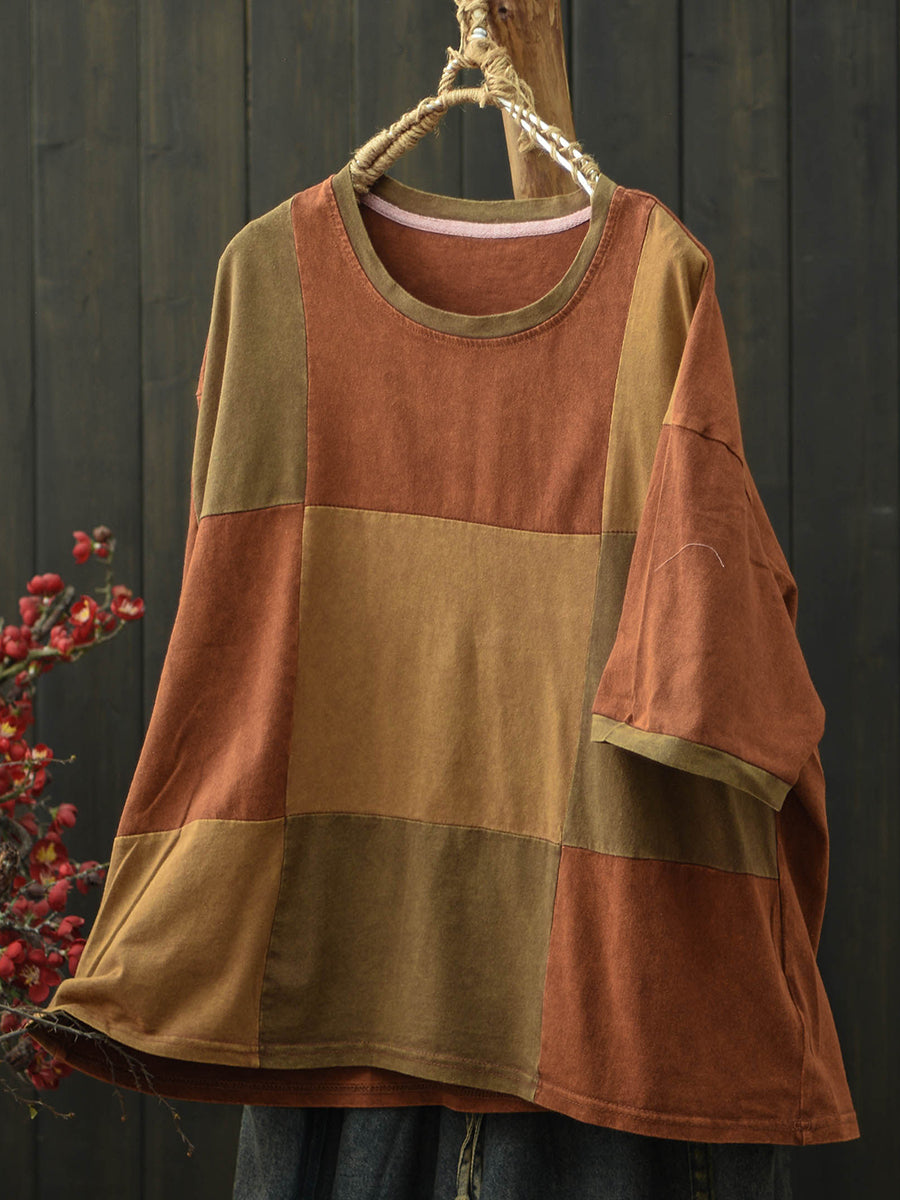 Women Summer Retro Patchwork O-Neck T-Shirt