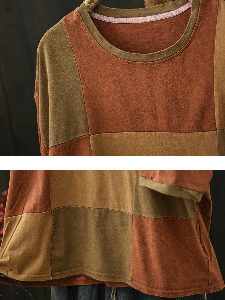 Women Summer Retro Patchwork O-Neck T-Shirt