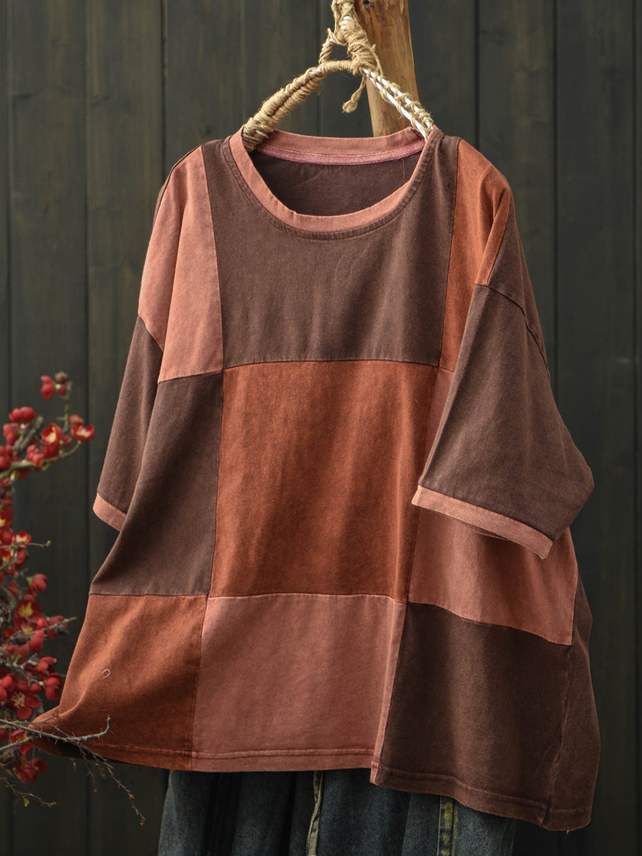 Women Summer Retro Patchwork O-Neck T-Shirt
