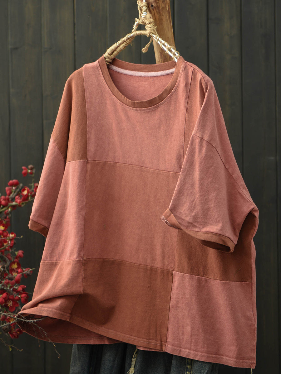 Women Summer Retro Patchwork O-Neck T-Shirt