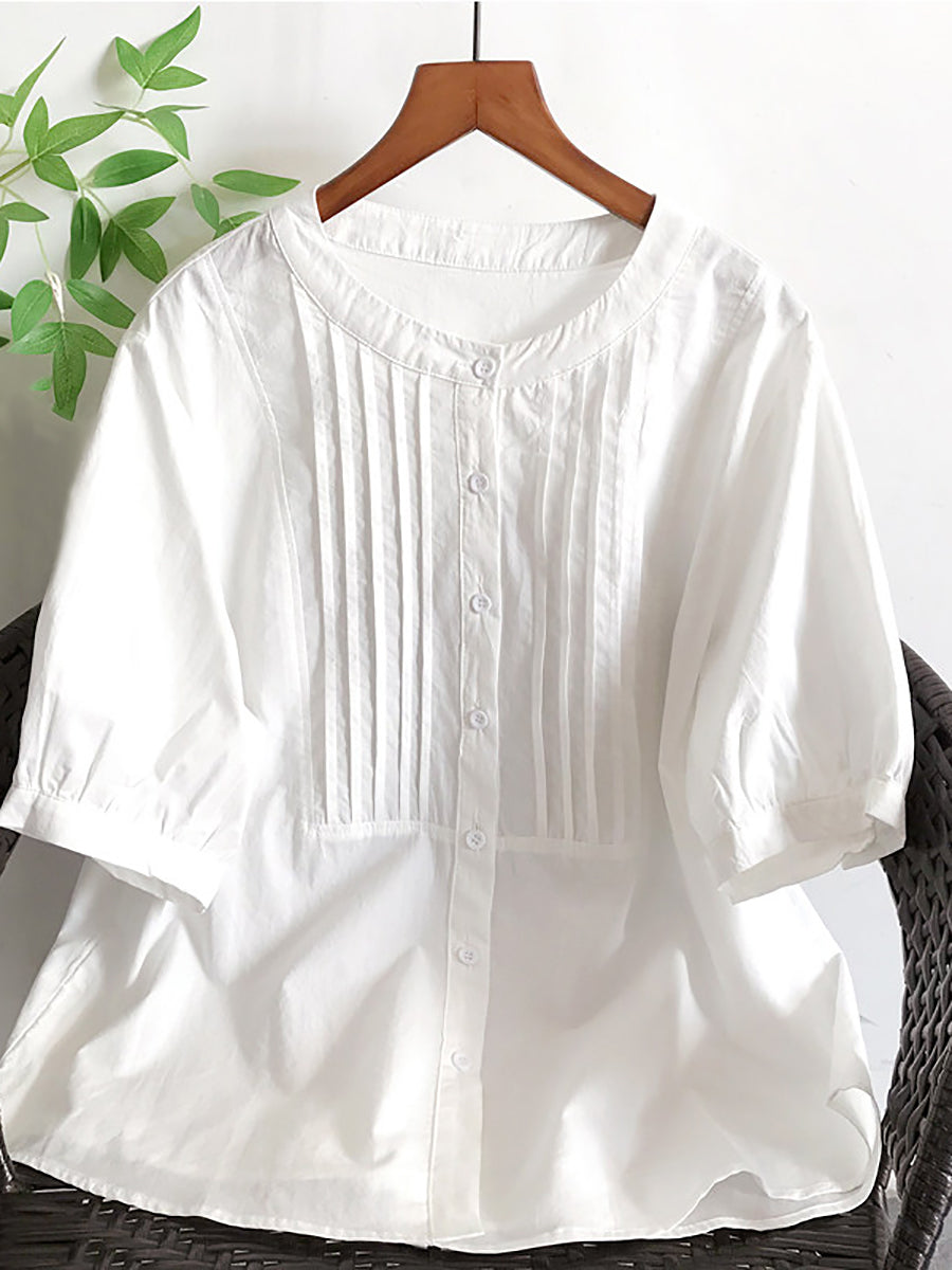 Women Summer Artsy Shirred 100%Cotton Blouse
