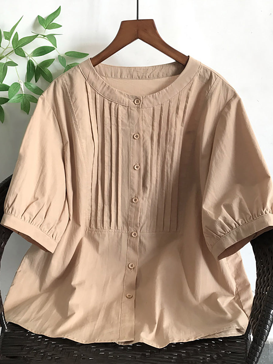 Women Summer Artsy Shirred 100%Cotton Blouse