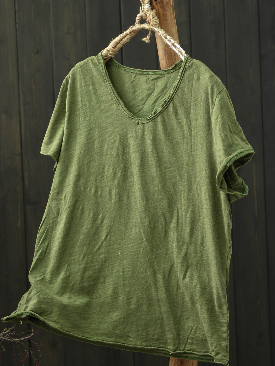 Plus Size Women Summer Vintage Pure Color V-Neck Cotton T-Shirt
