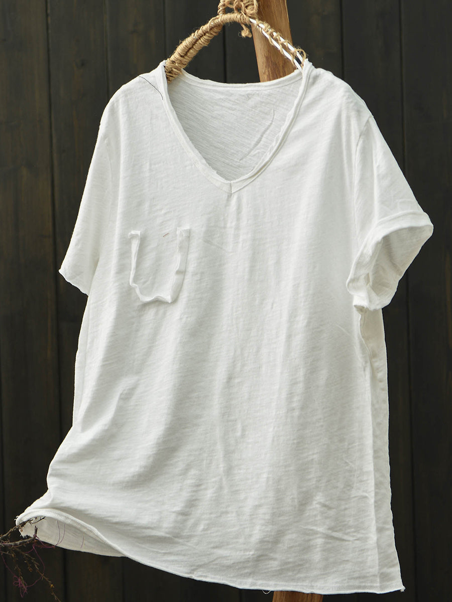 Plus Size Women Summer Vintage Pure Color V-Neck Cotton T-Shirt