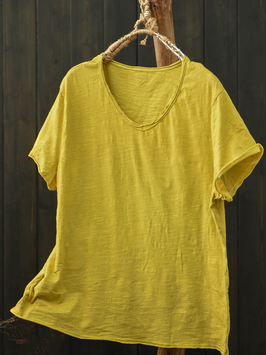 Plus Size Women Summer Vintage Pure Color V-Neck Cotton T-Shirt