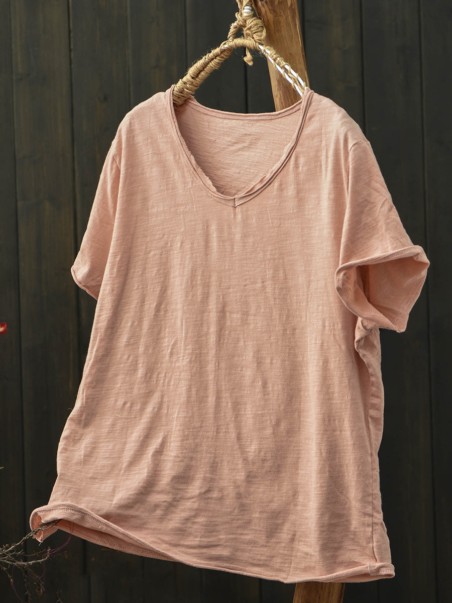Plus Size Women Summer Vintage Pure Color V-Neck Cotton T-Shirt