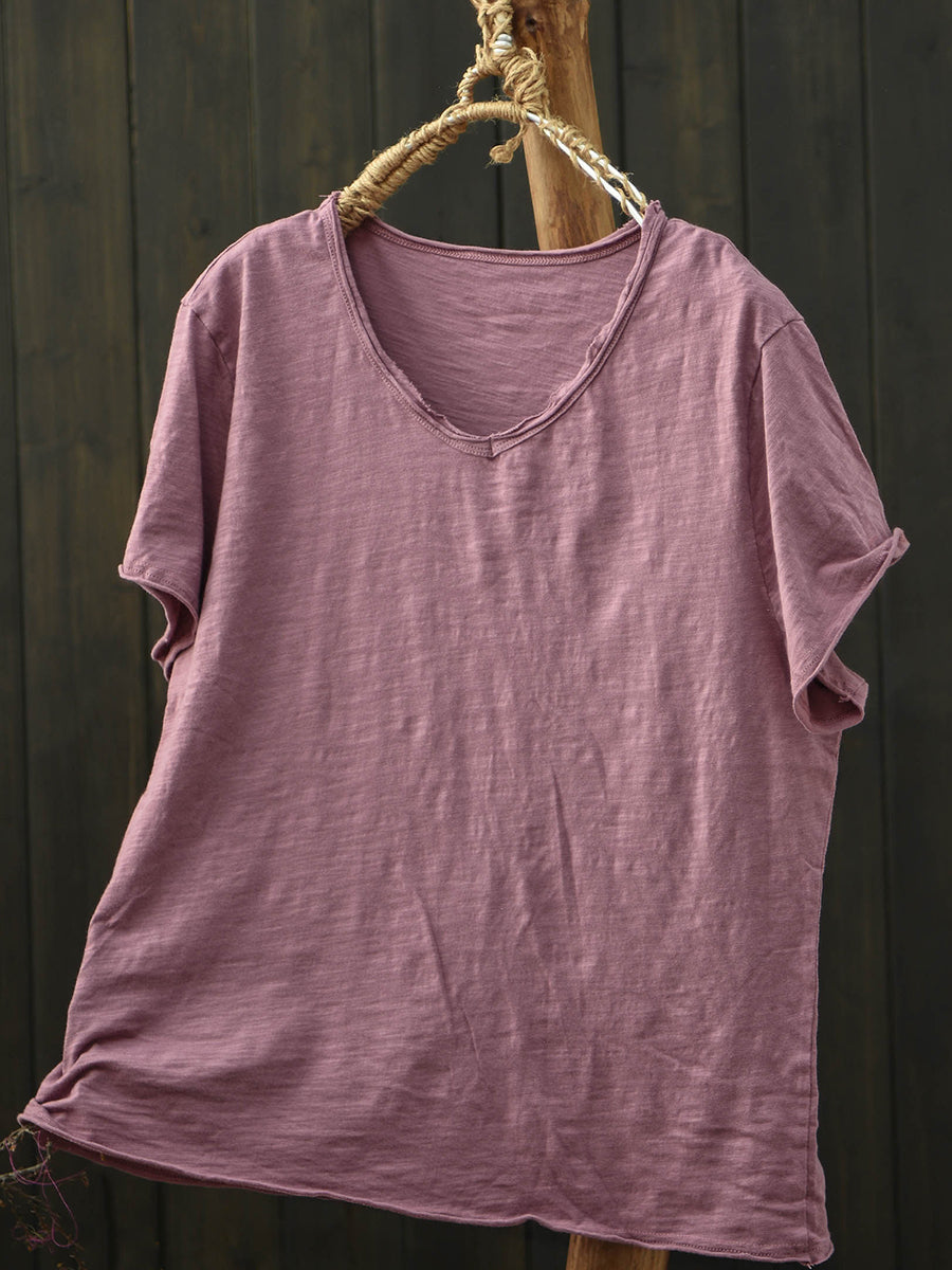 Plus Size Women Summer Vintage Pure Color V-Neck Cotton T-Shirt