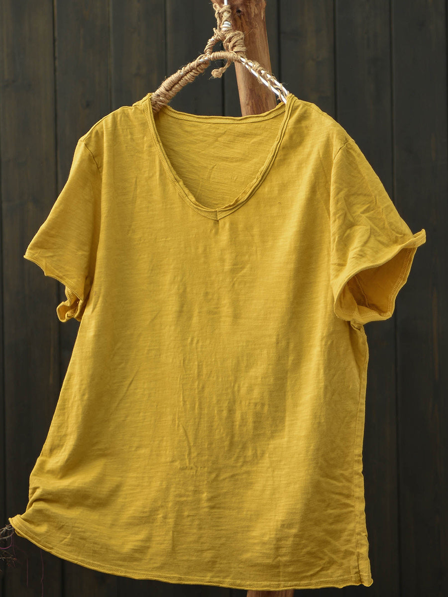 Plus Size Women Summer Vintage Pure Color V-Neck Cotton T-Shirt