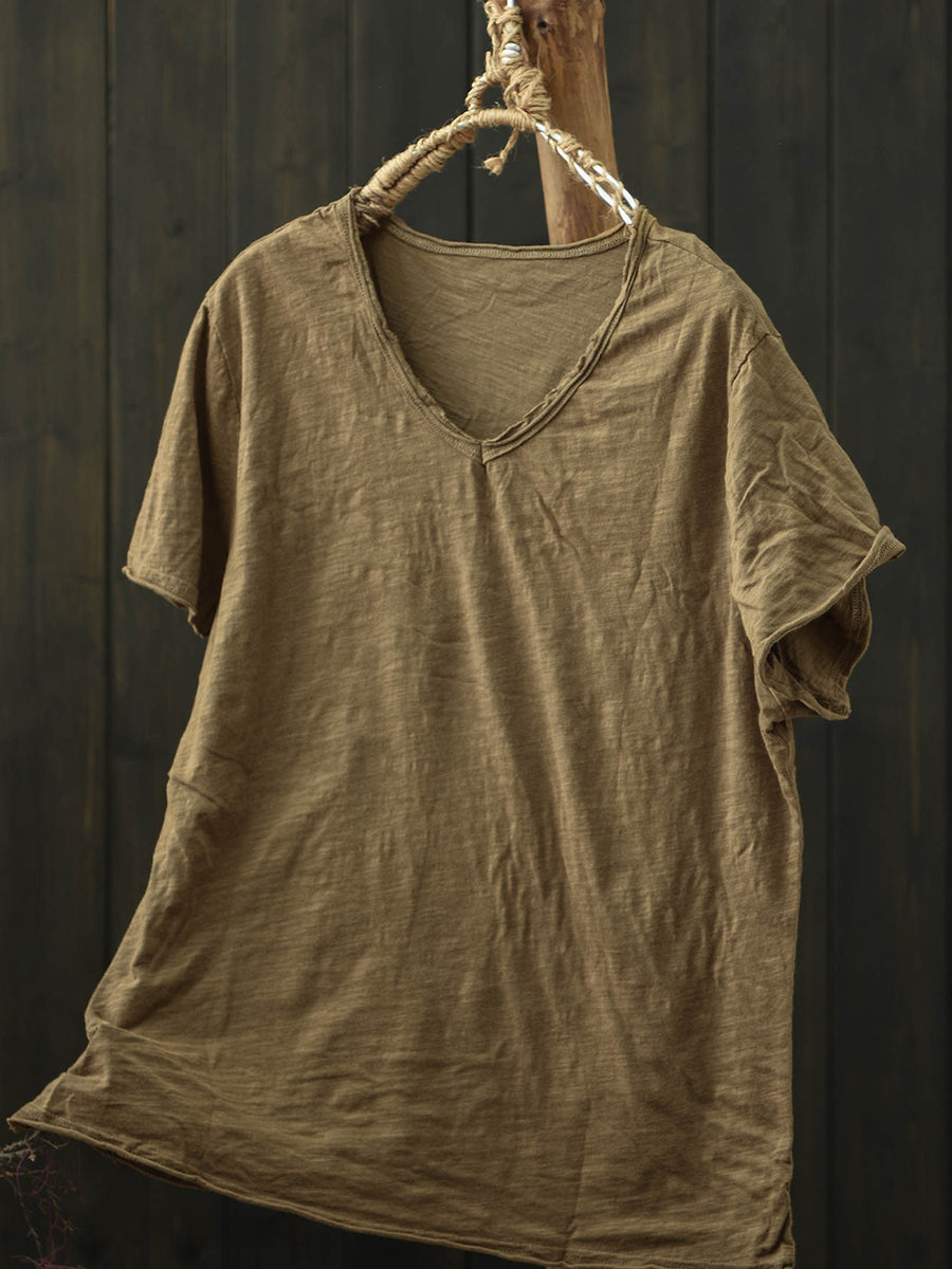 Plus Size Women Summer Vintage Pure Color V-Neck Cotton T-Shirt