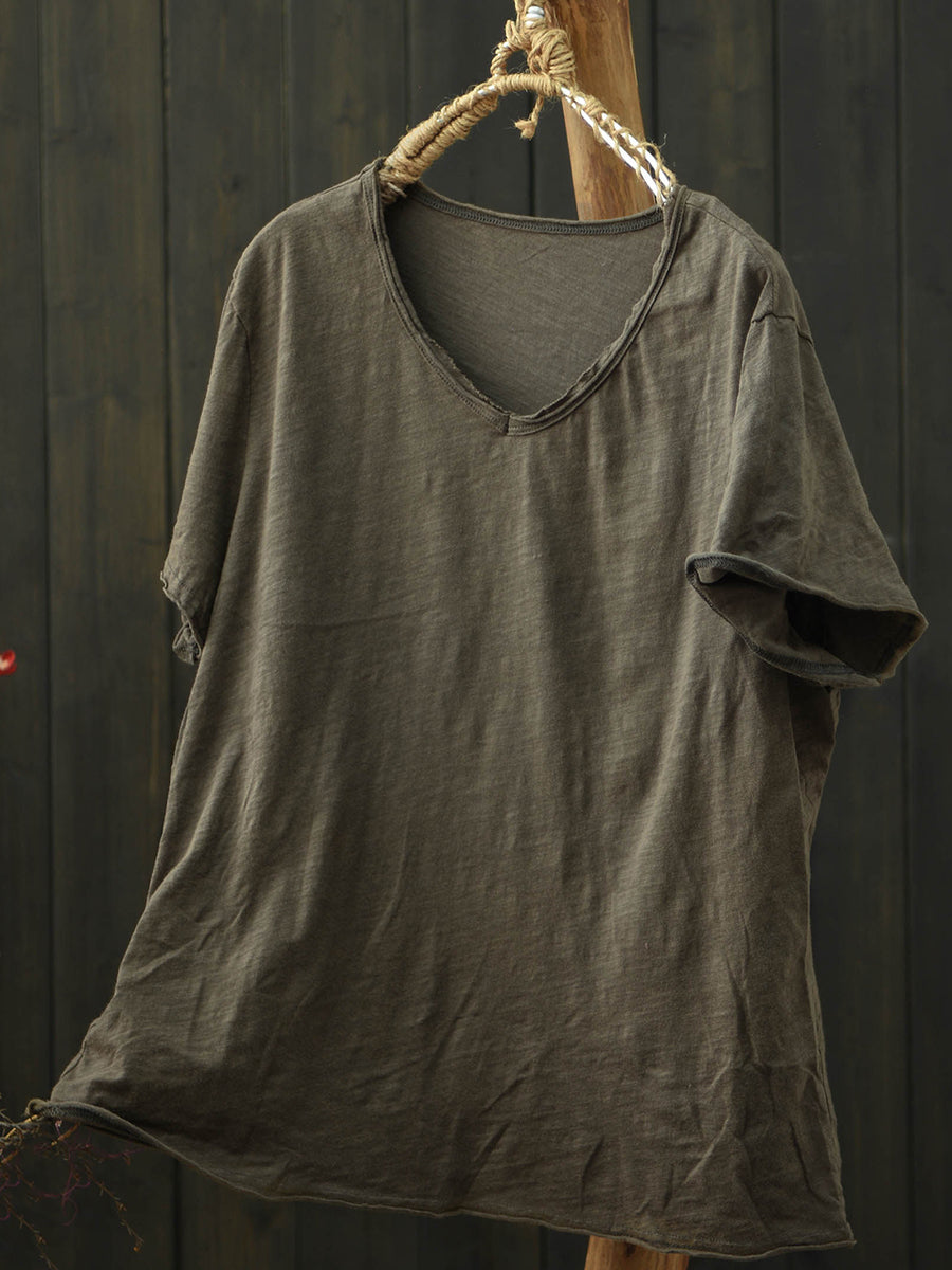 Plus Size Women Summer Vintage Pure Color V-Neck Cotton T-Shirt