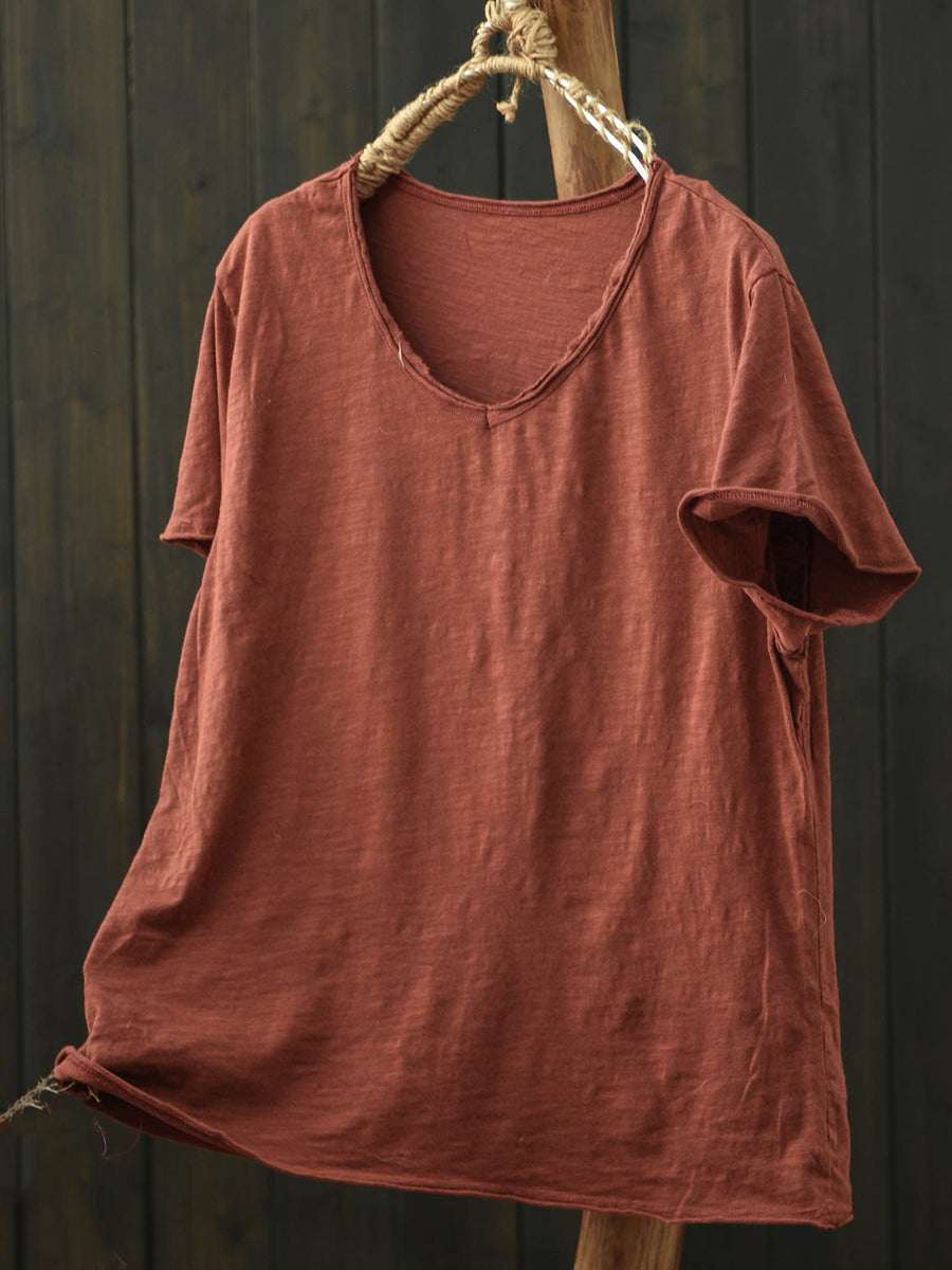 Plus Size Women Summer Vintage Pure Color V-Neck Cotton T-Shirt