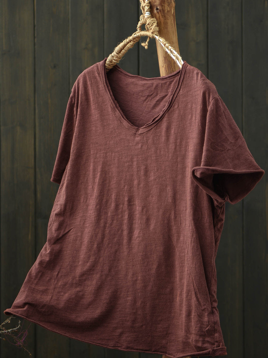 Plus Size Women Summer Vintage Pure Color V-Neck Cotton T-Shirt