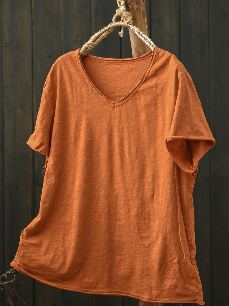 Plus Size Women Summer Vintage Pure Color V-Neck Cotton T-Shirt